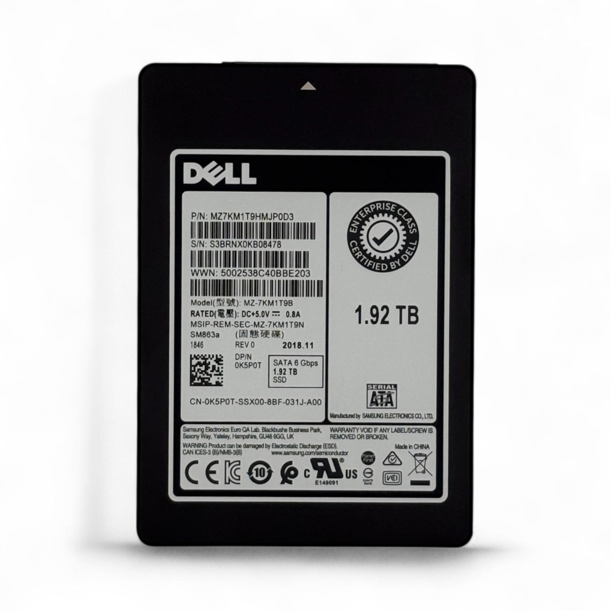 1.92TB 6G SSD SATA 2.5" MU Dell Samsung SM863a P/N: 0K5P0T, K5P0T, MZ7KM1T9HMJP0D3