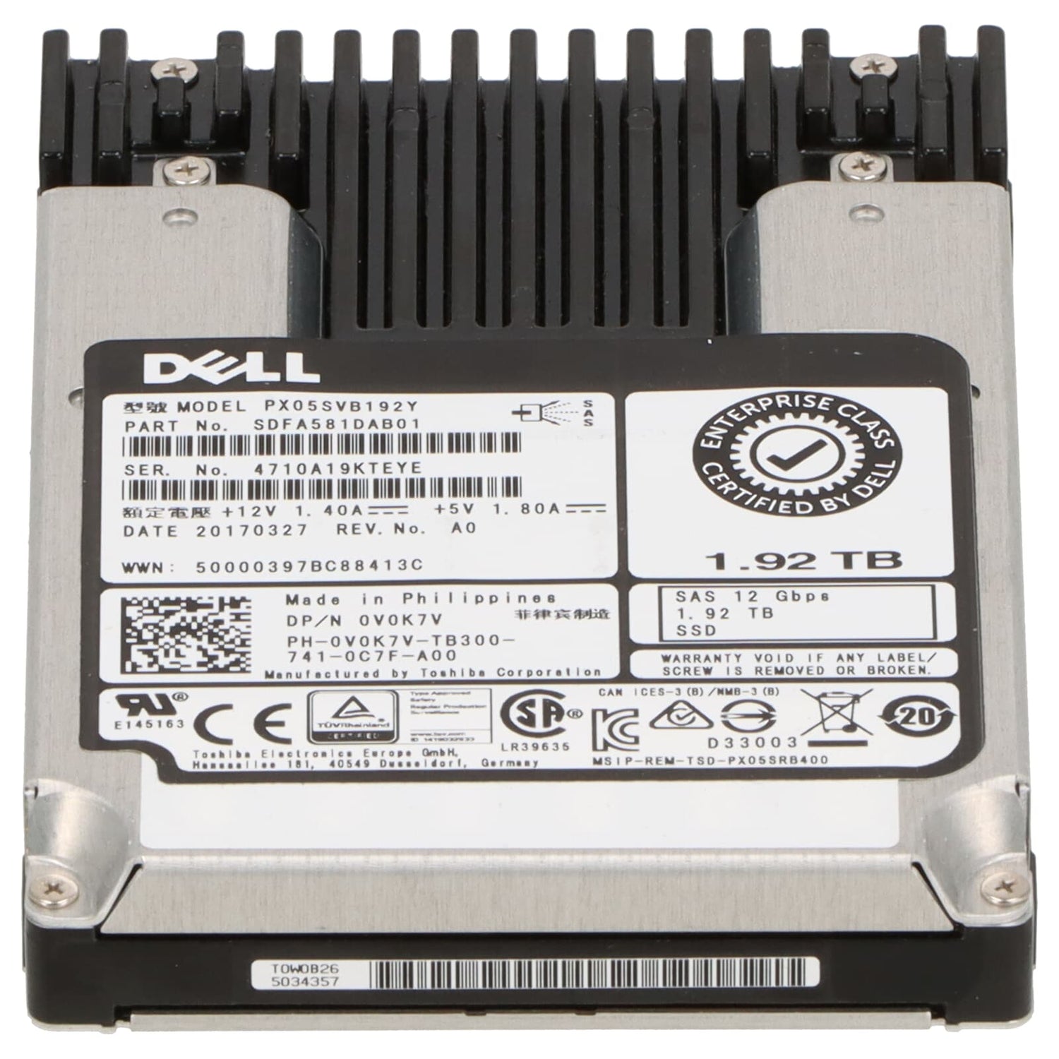 1.92TB SAS 2.5" 6G MLC MU SSD Dell P/N: 0V0K7V