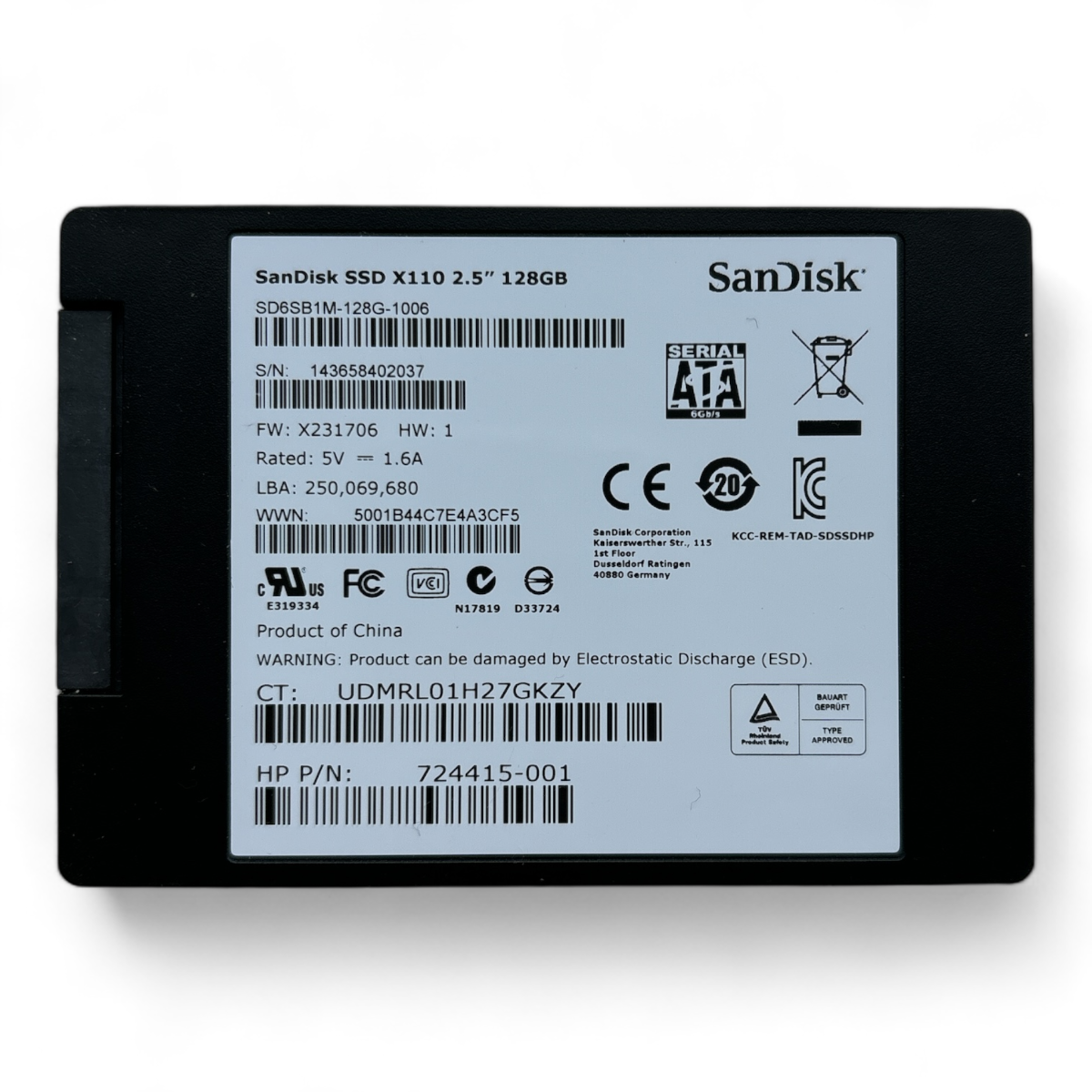 128 GB SSD SATA 2,5 Zoll 6 GB SanDisk X110 SD6SB1M-128G-1006 HP P/N: 724415-001