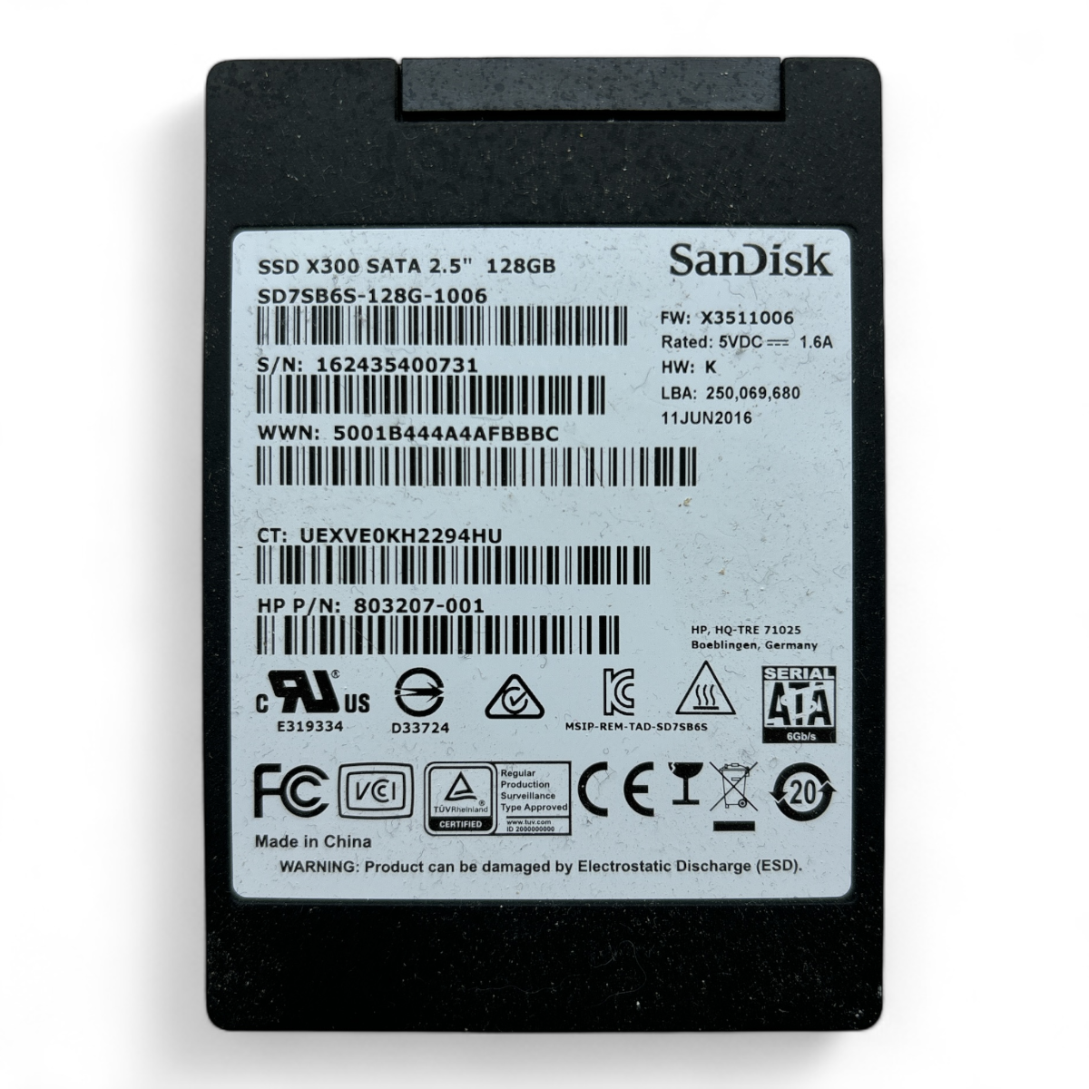 128 GB SSD SATA 2,5 Zoll 6 GB Sandisk X300 HP P/N: 803207-001 SD7SB6S-128-1006