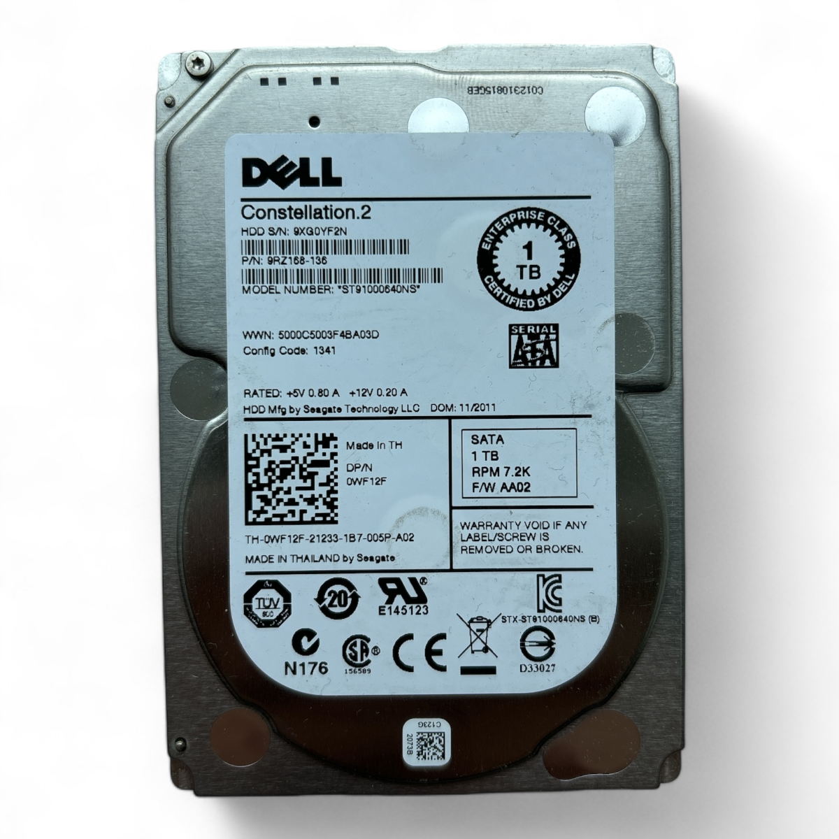 1 TB 7,2 K SATA 2,5 Zoll Festplatte 6g Seagate ST91000640NS Dell Teilenummer: WF12F 0WF12F