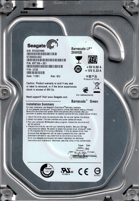 2000GB 5.9K SATA 3.5" Seagate P/N: 9VT166-301