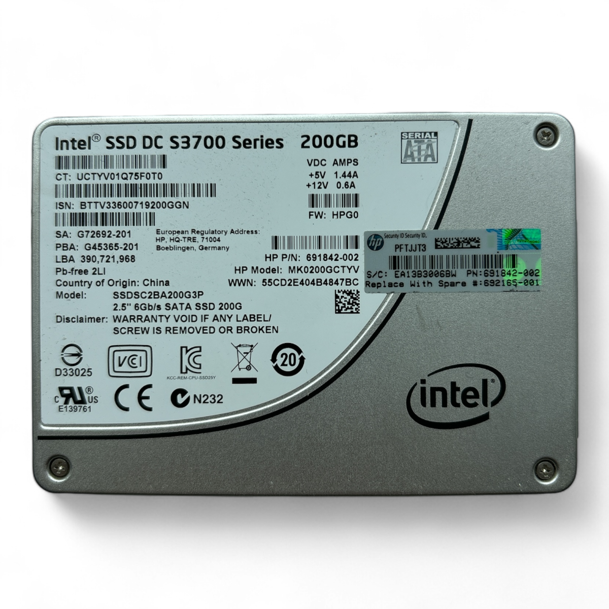 200 GB SATA 2,5 Zoll 6G Intel DC S3700 Serie SSDSC2BA200G3P HP MK0200GCTYV Teilenr.: 691842-002