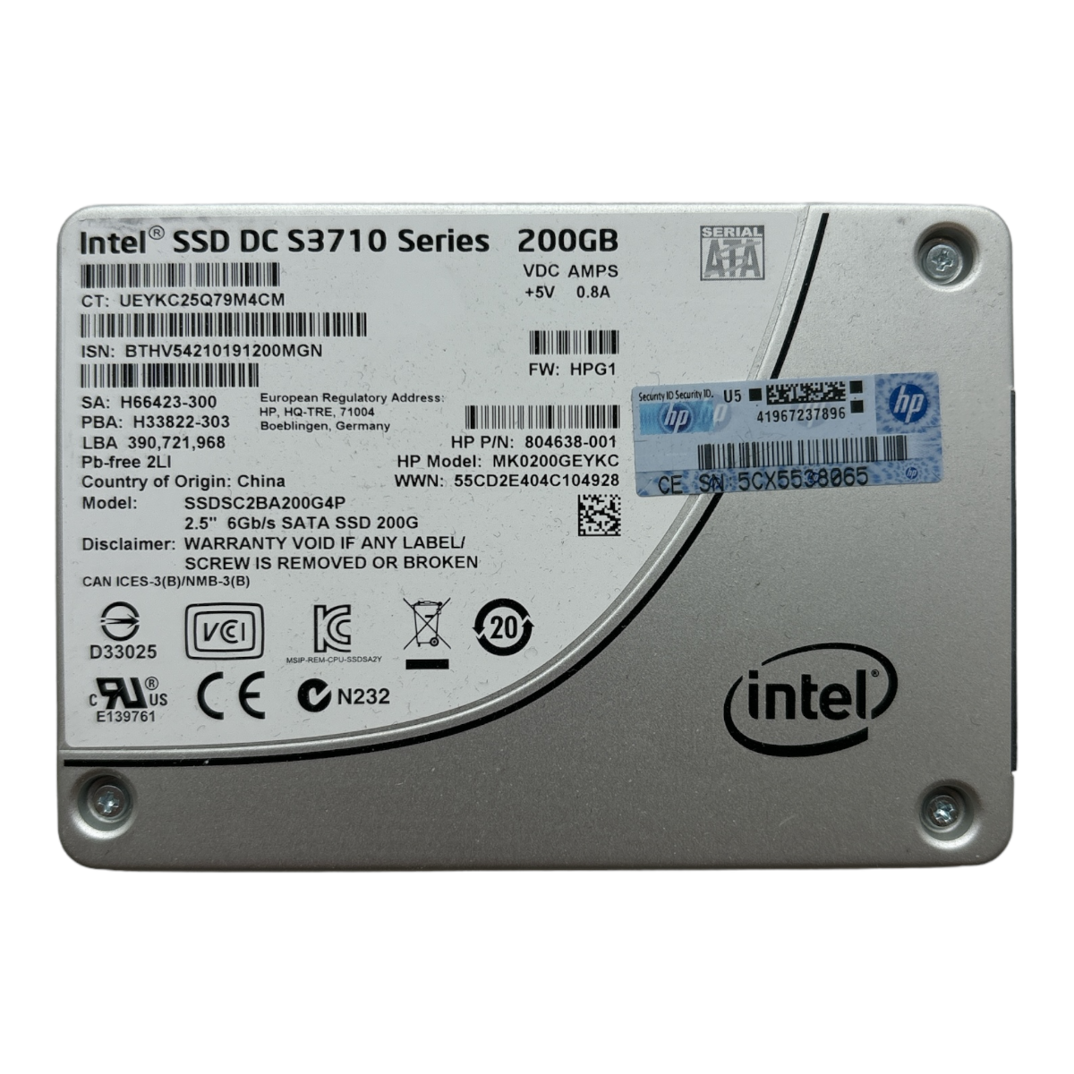 200 GB SATA 2,5 Zoll 6G Intel DC S3710 Serie SSDSC2BA200G4P HP MK0200GEYKC Teilenr.: 804638-001