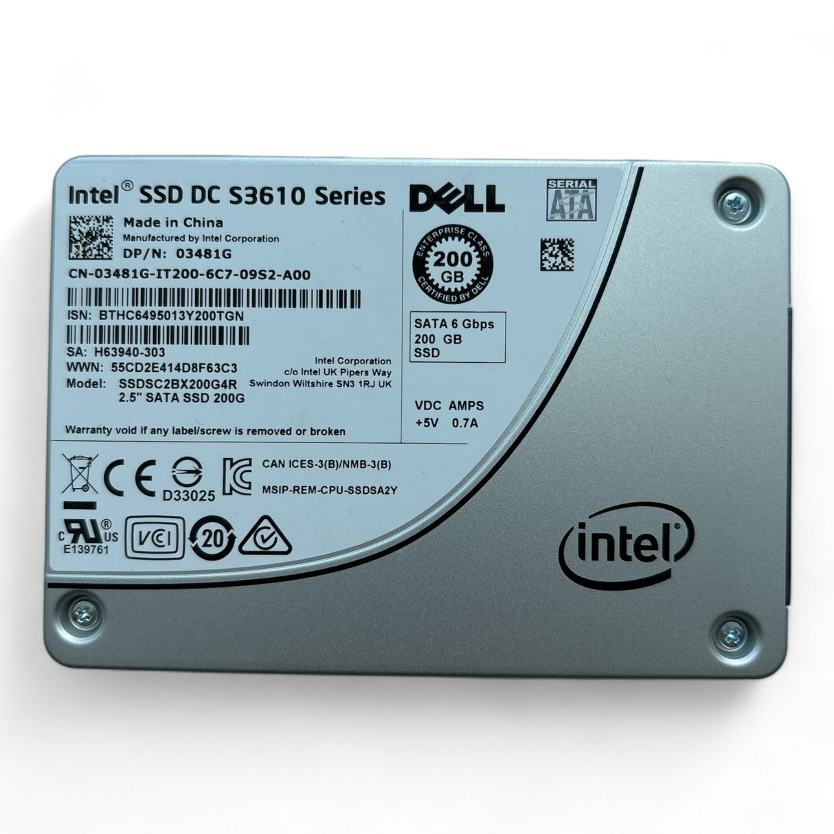 200 GB SATA 6G Intel P/N: SSD DC S3610 Dell P/N: 03481G
