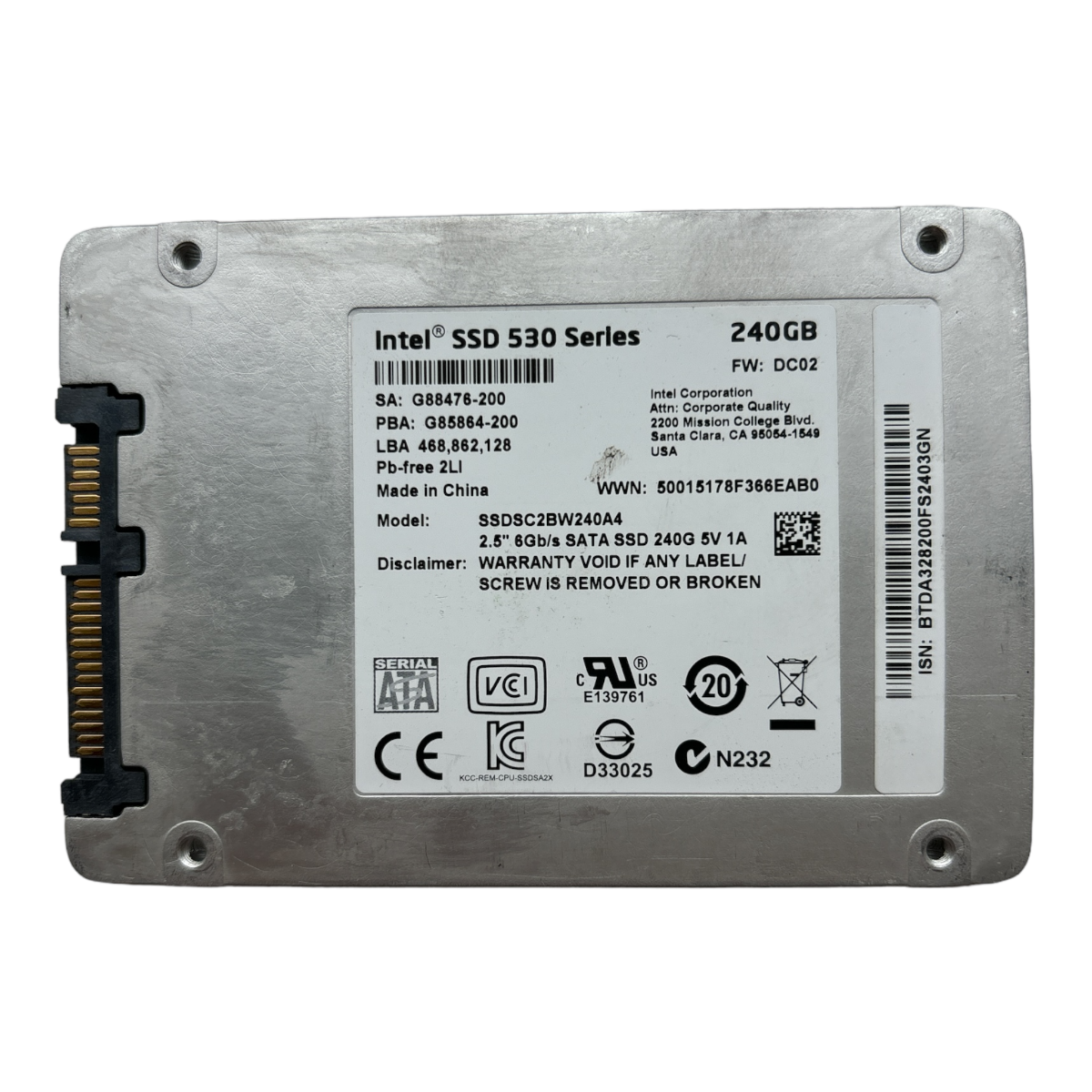 240 GB SATA 2,5" 6G Intel 530 Serie SSDSC2BW240A4 P/N: G88476-002 G85864-200