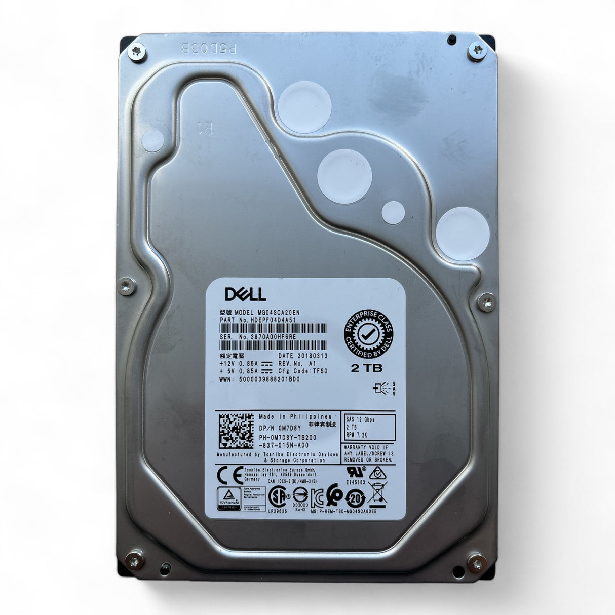 2TB, SAS, 12Gb/s, Toshiba P/N: MG04SCA20EN, Dell P/N: 0M7D8Y