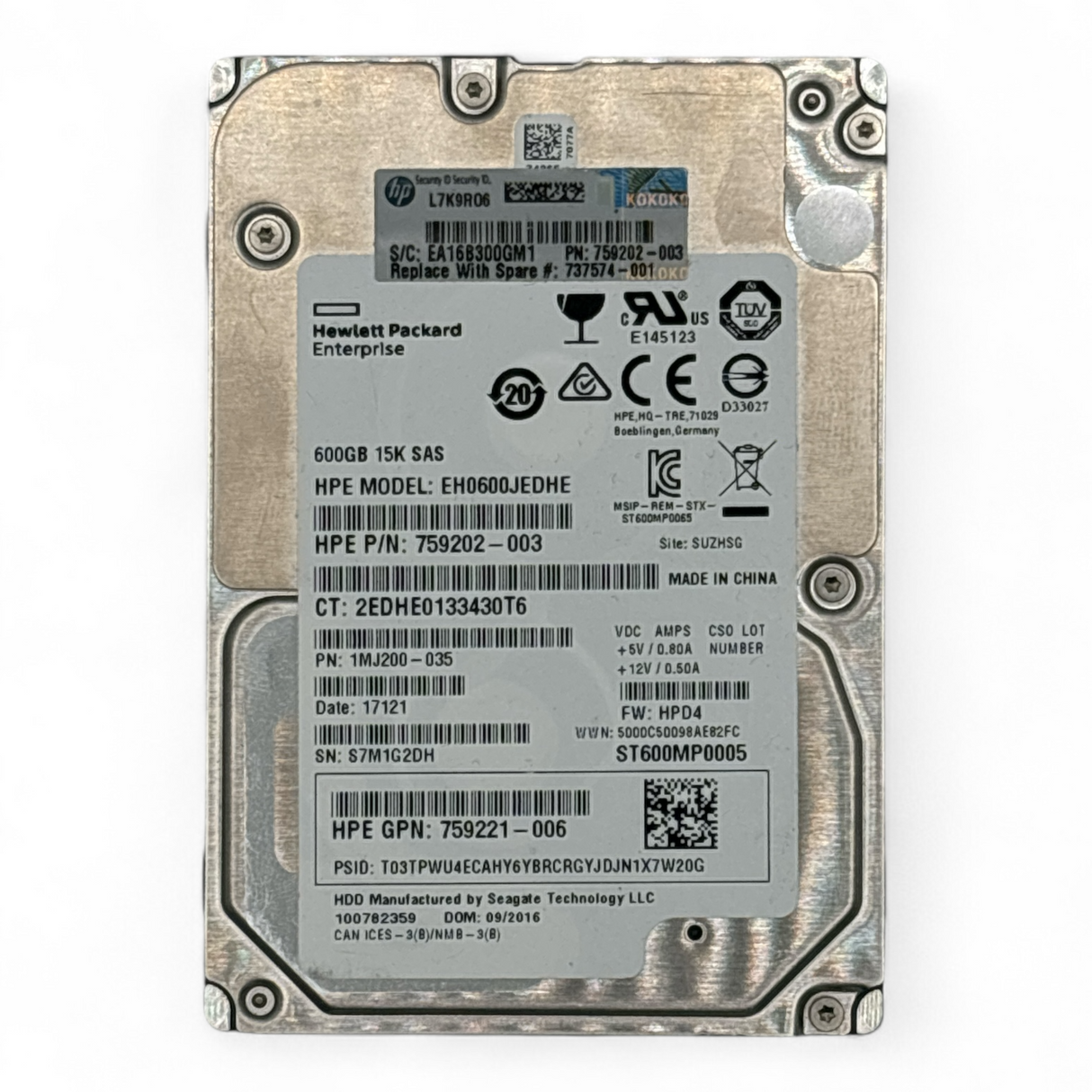 600 GB Festplatte 2,5 Zoll SAS 12G 15K HPE Teilenr.: 759202-003 EH0600JEDHE, 759221-006