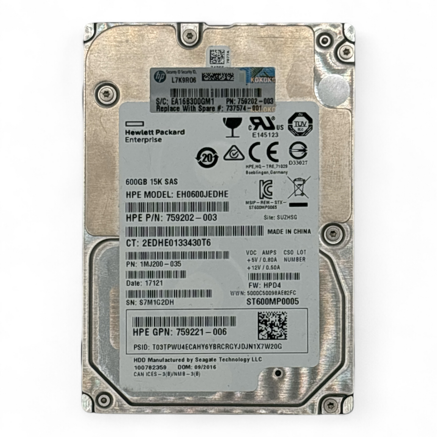 600 GB Festplatte 2,5 Zoll SAS 12G 15K HPE Teilenr.: 759202-003 EH0600JEDHE, 759221-006