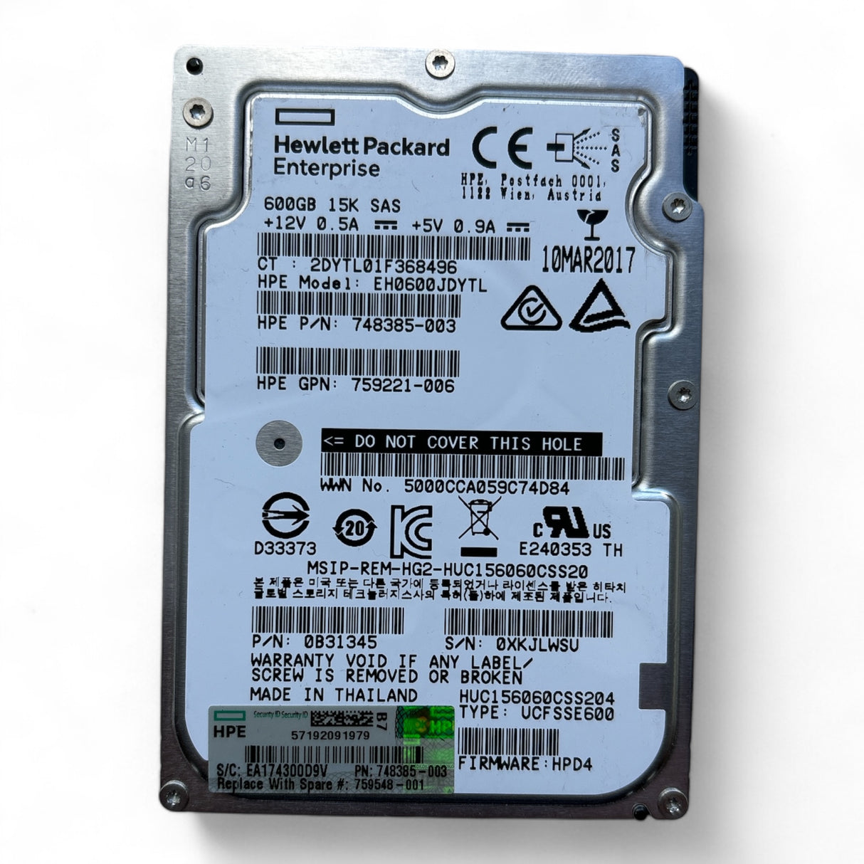 600GB, SAS, 12Gb/s, HGST P/N: 0B31345, HP P/N: 748385-003