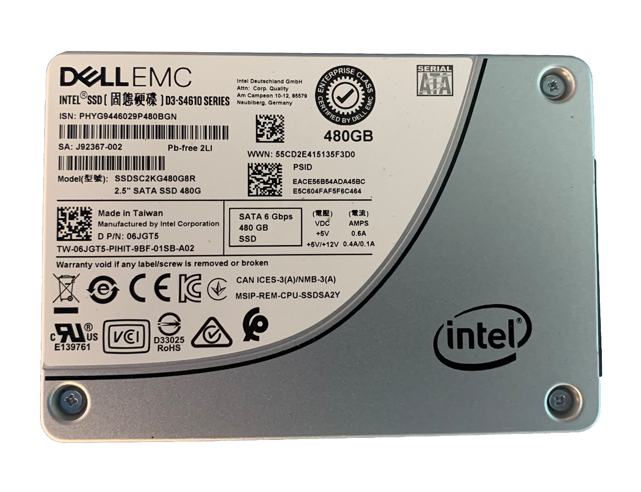 480 GB SSD 6G SATA MU DellEMC Intel D3-S4610 P/N: 6JGT5 06JGT5 J92367-000
