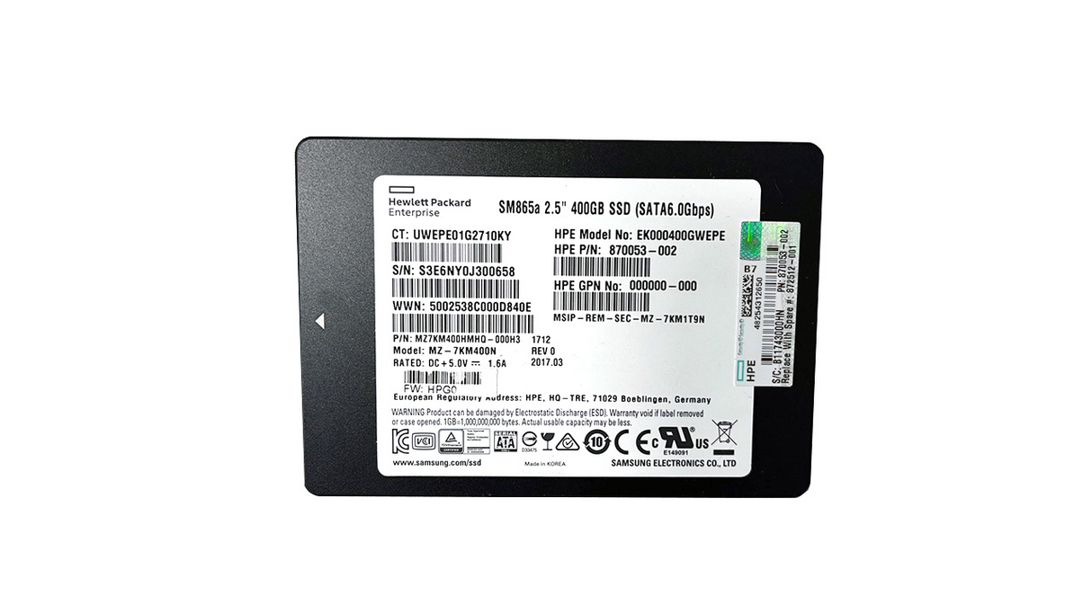 400 GB SSD SATA 2,5 Zoll 6G HPE SM865a EK000400GWEPE MZ-7KM400N P/N: 870053-002 MZ7KM400HMHQ-000H3