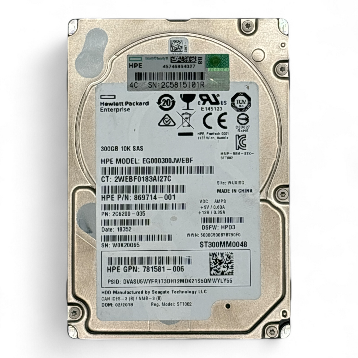 300 GB 10K SAS 2,5-Zoll-Festplatte HDD 12G HPE EG000300JWEBF Teilenummer: 869714-001 2C6200-035