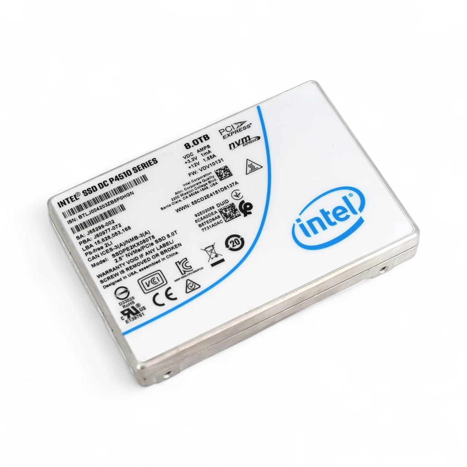 8TB U.2 NVMe 2.5" PCIe 3.0 MU Intel P4510 P/N: SSDPE2KX080T8