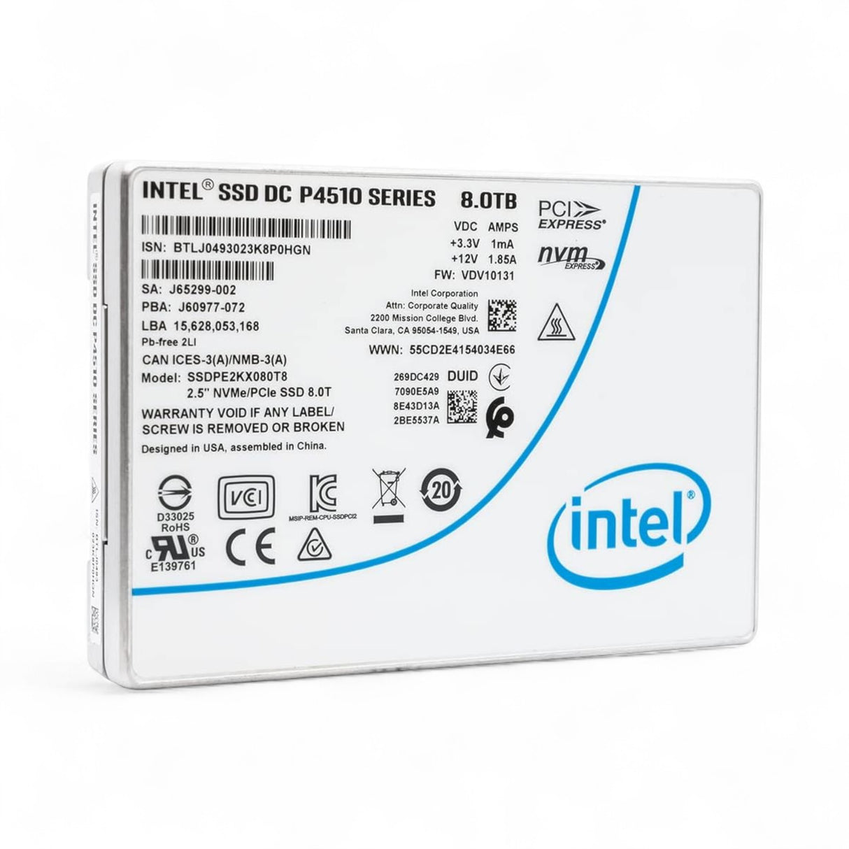 8TB U.2 NVMe 2.5" PCIe 3.0 MU Intel P4510 P/N: SSDPE2KX080T8