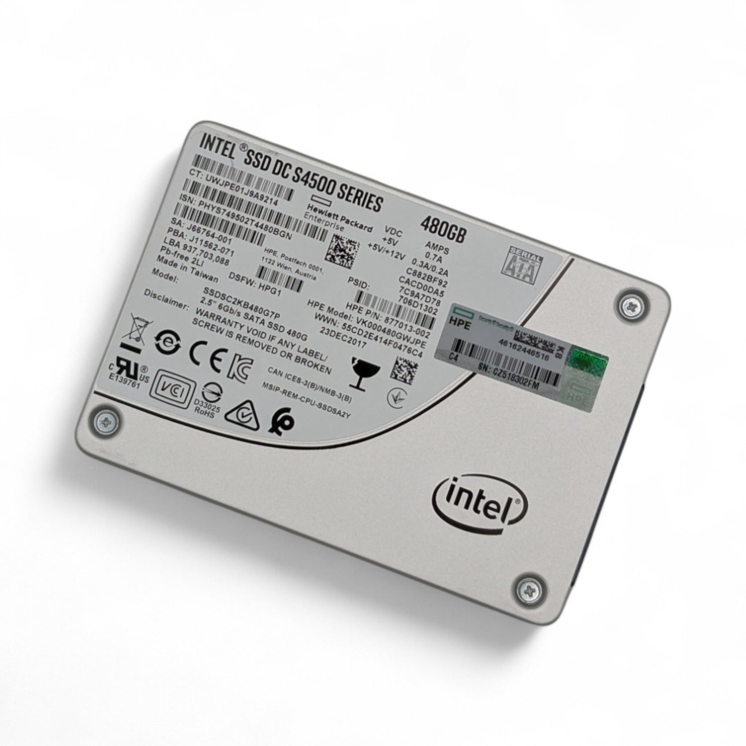 480GB 6G SATA 2.5" RI Intel DC S4500 SSDSC2KB480G7P HP P/N: 877013-002, 877748-B21
