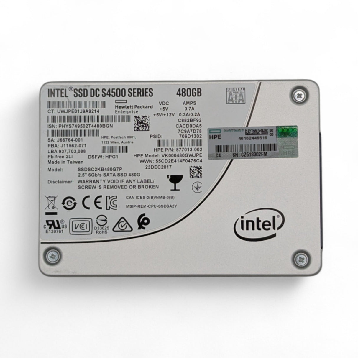 480GB 6G SATA 2.5" RI Intel DC S4500 SSDSC2KB480G7P HP P/N: 877013-002, 877748-B21
