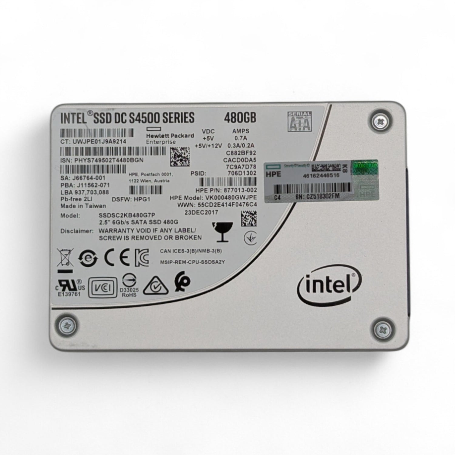 480GB 6G SATA 2.5" RI Intel DC S4500 SSDSC2KB480G7P HP P/N: 877013-002, 877748-B21
