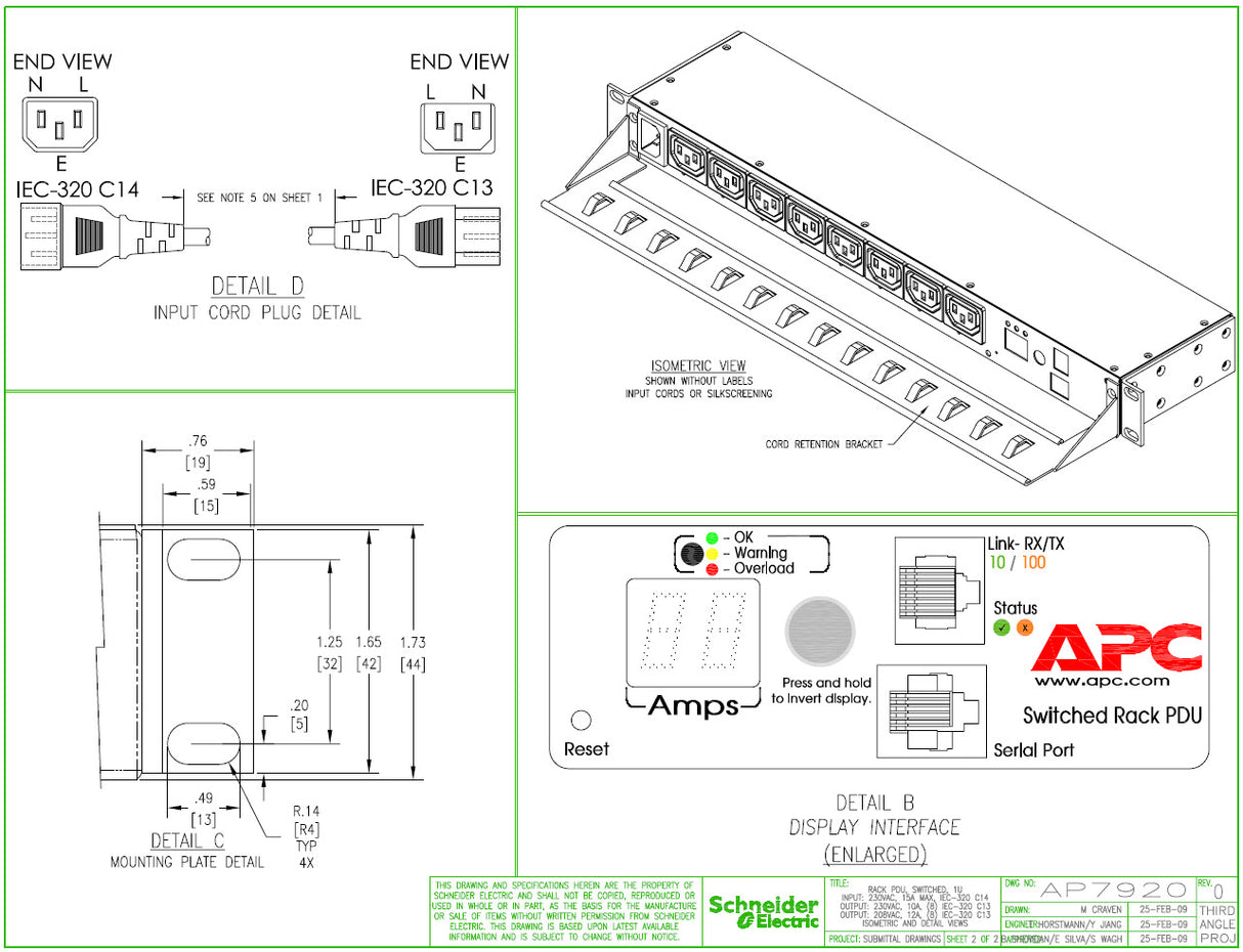 APC AP7920 switched Rack PDU 1U 15A/230V In: (1)C14 Out: (8)C13 P/N: AP7920