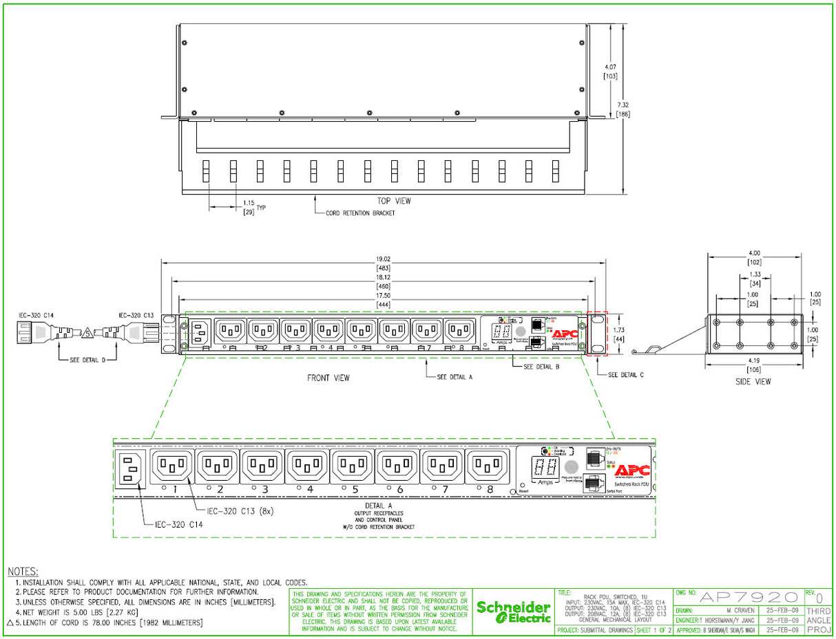 APC AP7920 switched Rack PDU 1U 15A/230V In: (1)C14 Out: (8)C13 P/N: AP7920