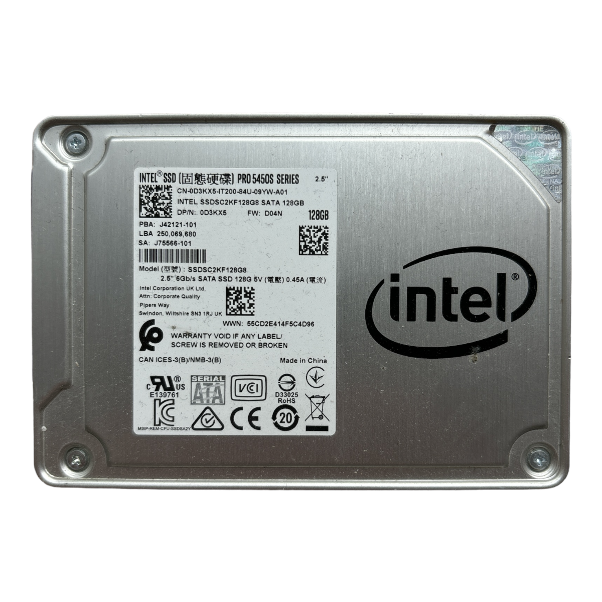 128 GB SSD SATA 2,5 Zoll 6G Intel SSD PRO 5450S Serie SSDSC2KF128G8 Dell Teilenummer: D3KX5 0D3KX5 J42121-101