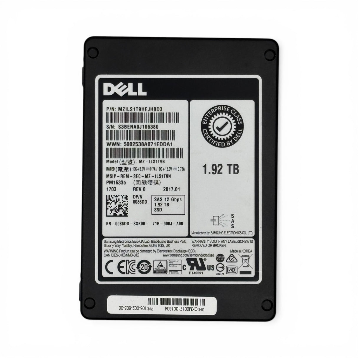 1,92 TB SAS 12G SSD Samsung PM1643 MZ-ILT1T90 P/N: MZILT1T9HAJQ-00007