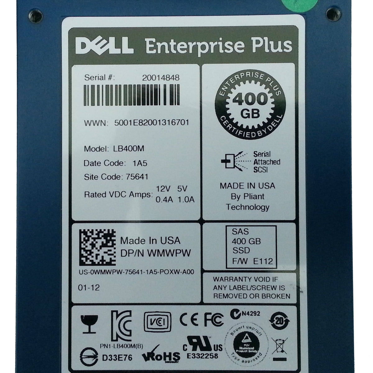 SSD Dell WMWPW LB400M 400GB SAS 2.5” – Enterprise Plus Usato Funzionante