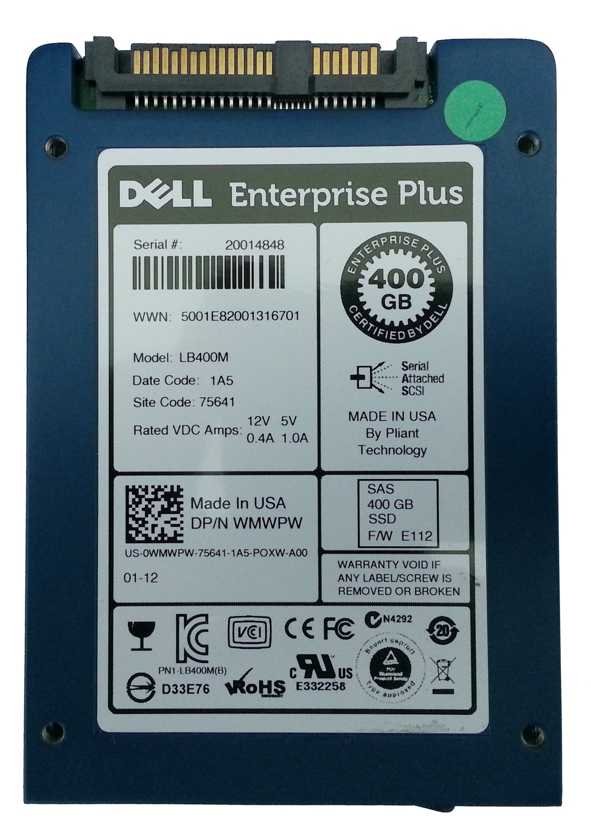 400 GB SAS 2,5-Zoll-SSD 6G Dell Enterprise Plus LB400M Teilenr.: WMWPW 0WMWPW