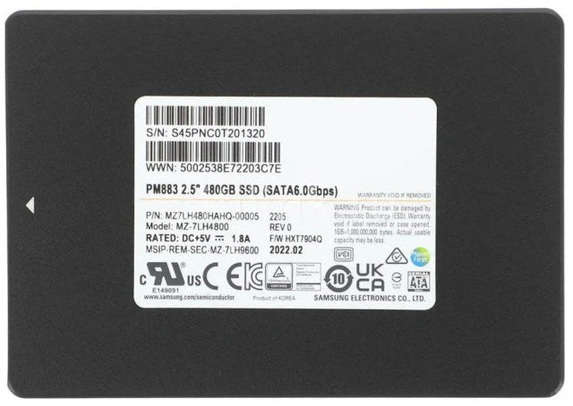 480 GB SATA 2,5" SSD 6G Samsung PM883 MZ-7LH4800 P/N: MZ7LH480HAHQ-00005