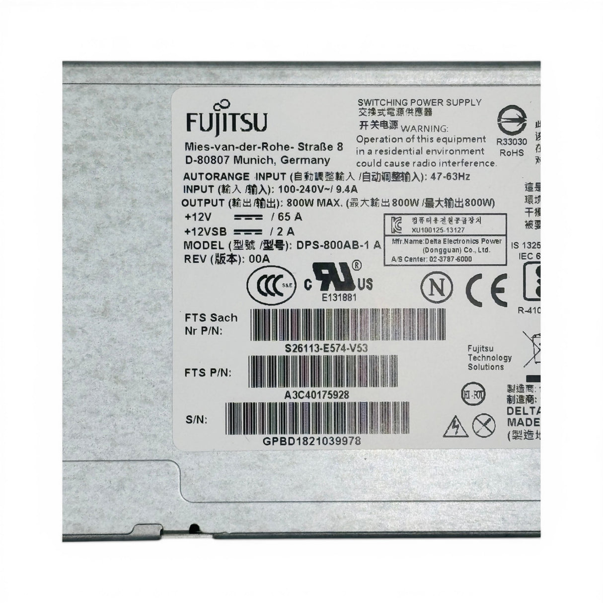 Fujitsu 800W Hot-Swap 80 Plus Platinum P/N: S26113-E574-V53