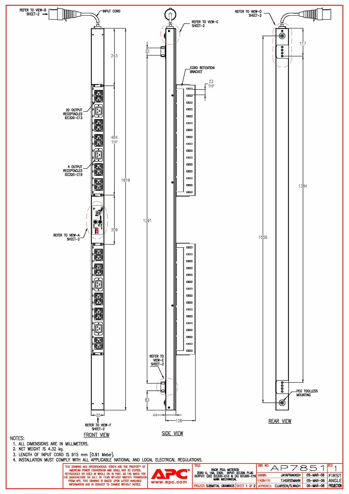 APC AP7851 metered Rack PDU ZeroU 16A/230V Out: (20)C13 & (4)C19; IEC 309 P/N: AP7851