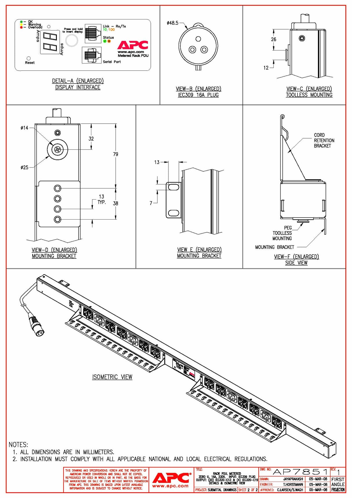 APC AP7851 metered Rack PDU ZeroU 16A/230V Out: (20)C13 & (4)C19; IEC 309 P/N: AP7851