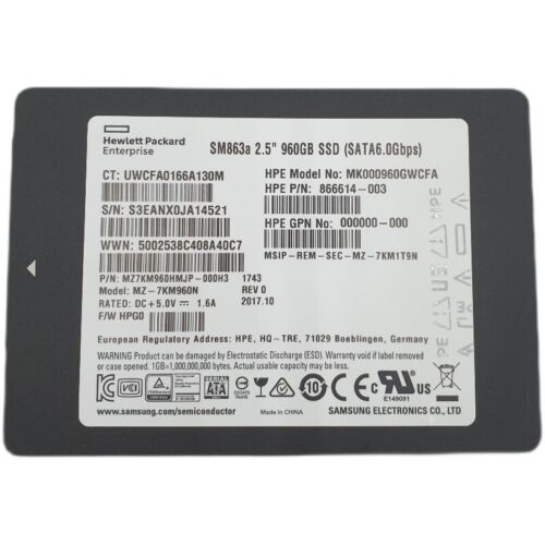 960GB SATA 6G SSD HPE / Samsung SM863a MK000960GWCFA P/N: 866614-003 MZ7KM960HMJP-000H3