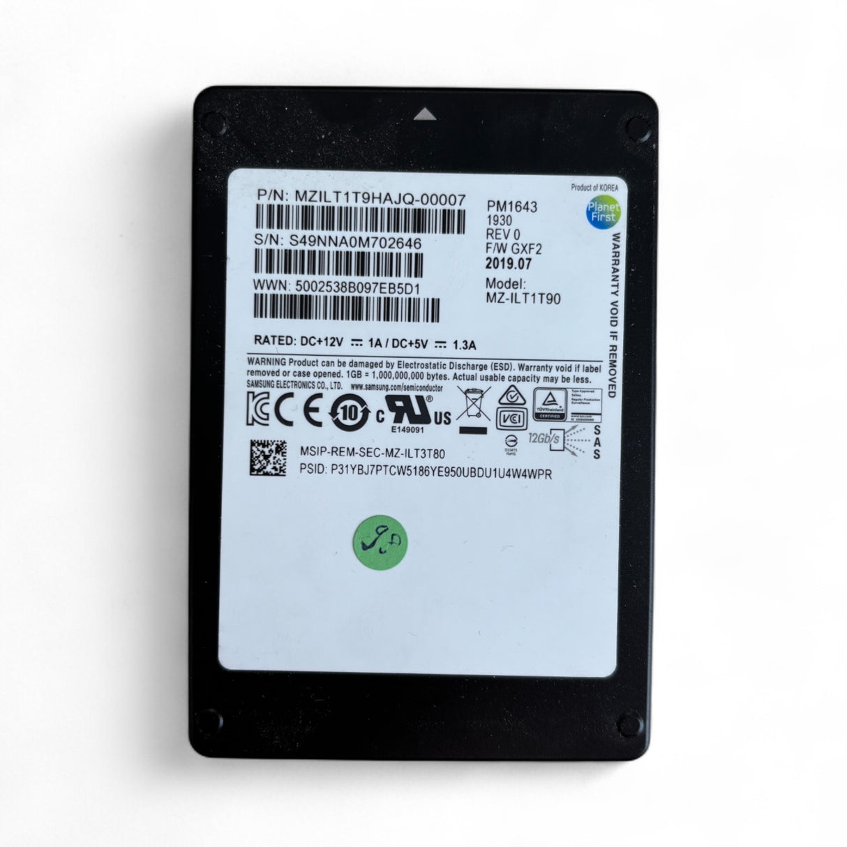 1,92 TB SAS 12G SSD Samsung PM1643 MZ-ILT1T90 P/N: MZILT1T9HAJQ-00007