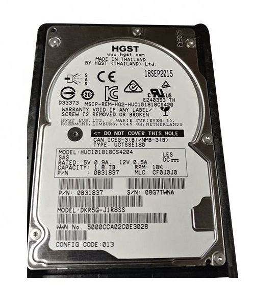 1.8TB 10K SAS 2.5" HDD 12G 512e HGST HUC101818CS4204 P/N: 0B31837