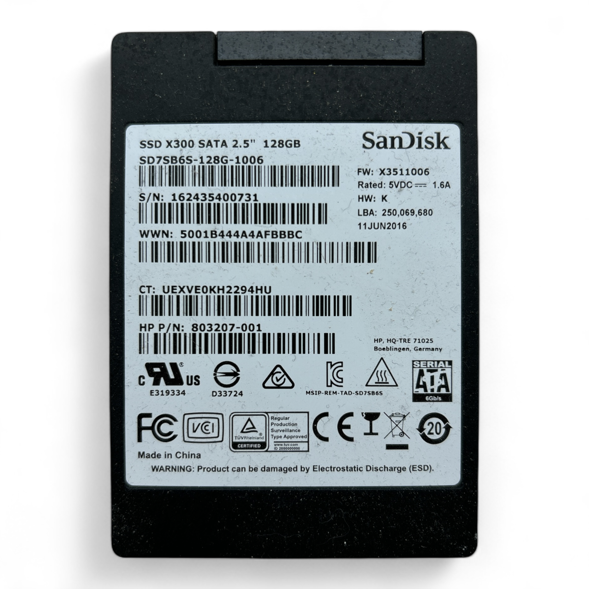 128GB SSD SATA 2.5" 6g Sandisk X300 HP P/N: 803207-001 SD7SB6S-128-1006