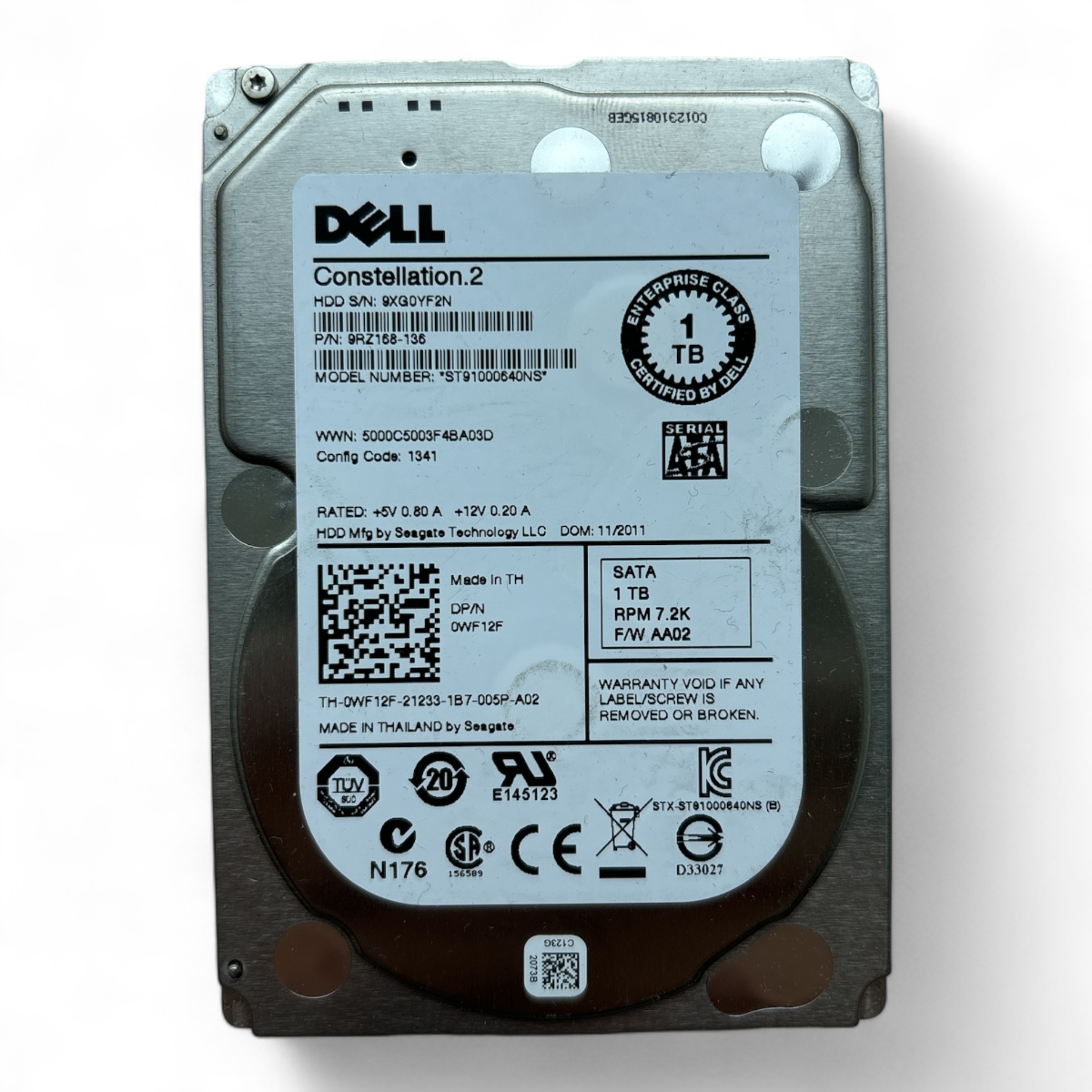 1TB 7.2K SATA 2.5" HDD 6g Seagate ST91000640NS Dell P/N: WF12F 0WF12F