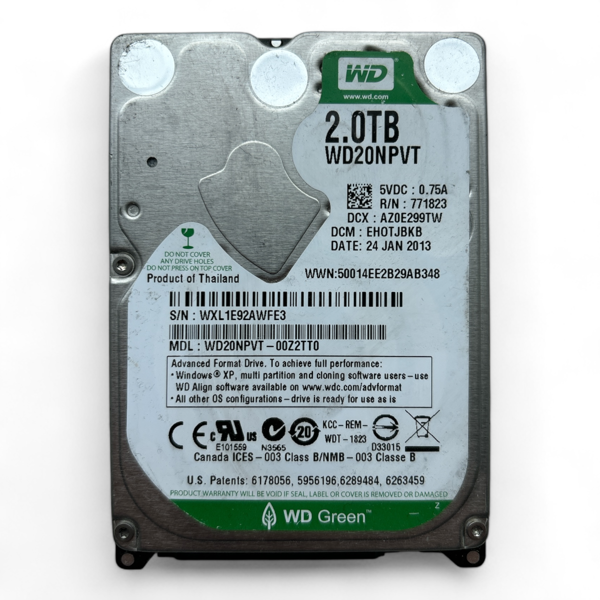 2TB 5.4K SATA 2.5" HDD 6g 512E WD Green WD20NPVT P/N: WD20NPVT-00Z2TT0