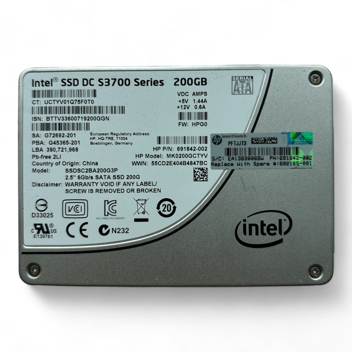 200GB SATA 2.5" 6G Intel DC S3700 Series SSDSC2BA200G3P HP MK0200GCTYV P/N: 691842-002