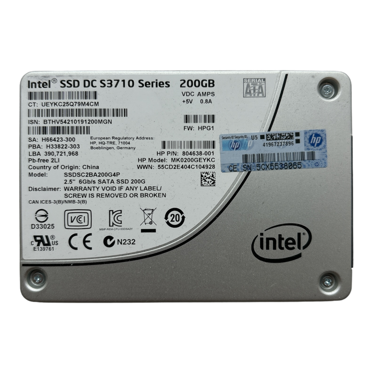 200GB SATA 2.5" 6G Intel DC S3710 Series SSDSC2BA200G4P HP MK0200GEYKC P/N: 804638-001