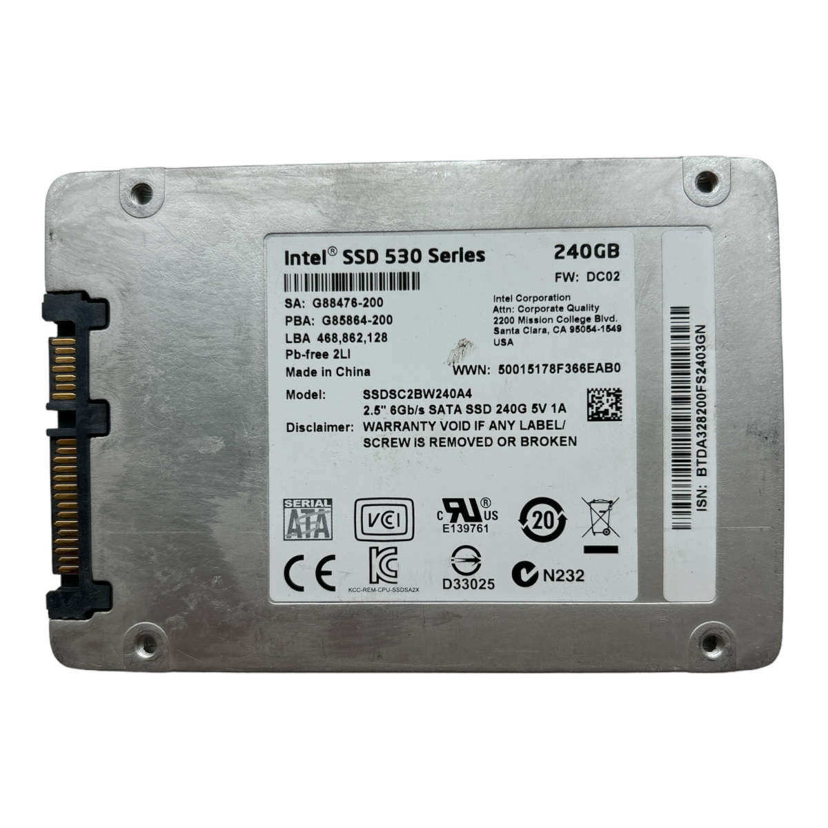 240GB SATA 2.5" 6G Intel 530 Series SSDSC2BW240A4 P/N: G88476-002 G85864-200