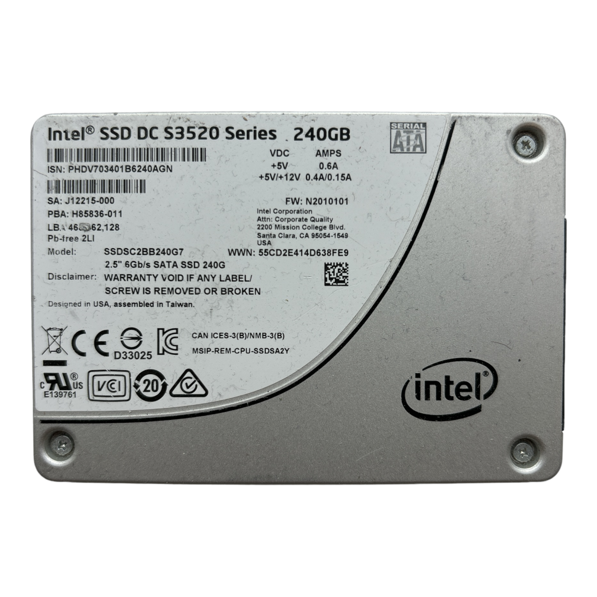 240GB SATA 2.5" 6G Intel DC S3520 Series SSDSC2BB240G7 P/N: J12215-000 H85836-011