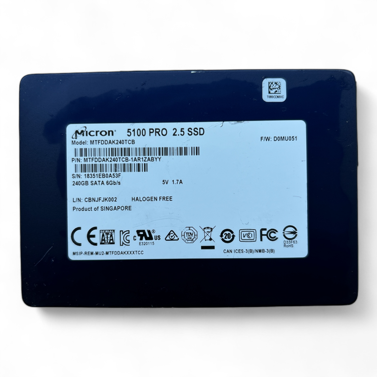 240GB SSD SATA 2.5" 6G Micron 5100 PRO MTFDDAK240TCB P/N: MTFDDAK240TCB-1AR1ZABYY