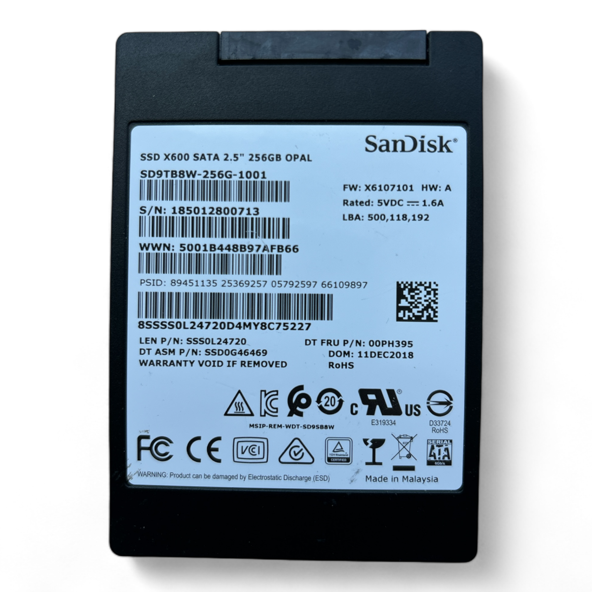 256GB SSD SATA 2.5" SanDisk X600 SD9TB8W-256G-1001 P/N: SSS0L24720 SSD0G46469 00PH395