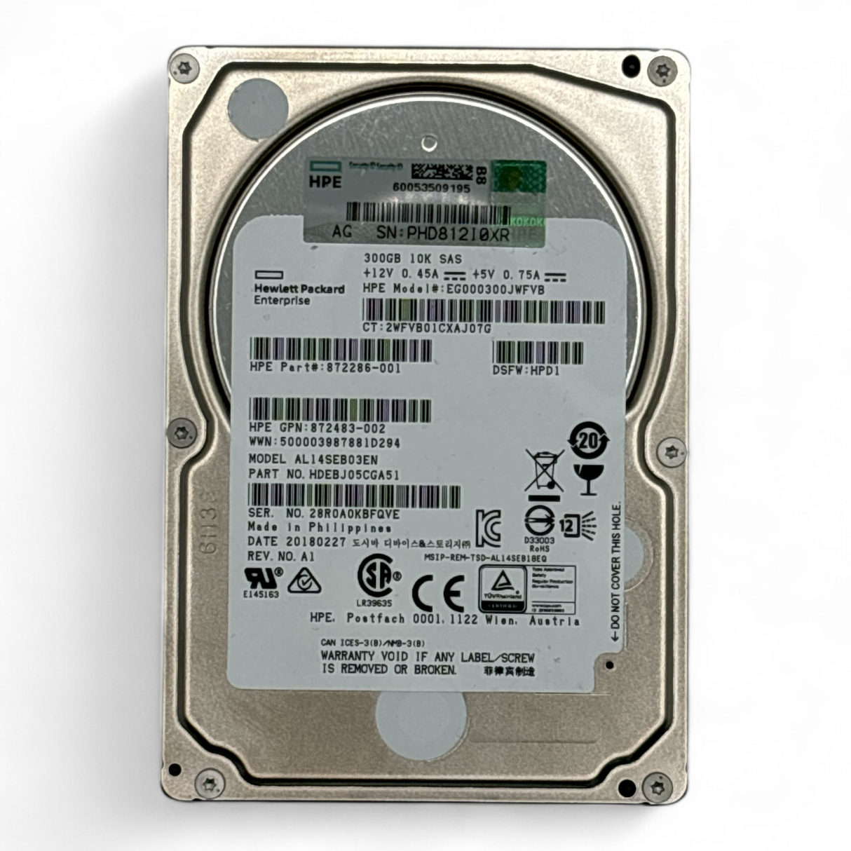 300GB HDD 2.5" SAS 12G 10K HPE P/N: 872286-001 EG000300JWFVB, 872483-002