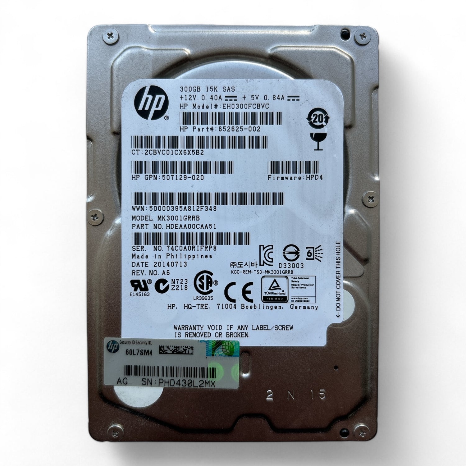 300GB, SAS, 6Gb/s, Toshiba P/N: MK3001GRRB, HP P/N: 652625-002