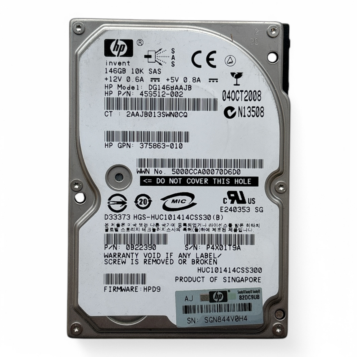 146GB 10K SAS 2.5"  HDD DP 6G HP DG146BAAJB P/N: 459512-002