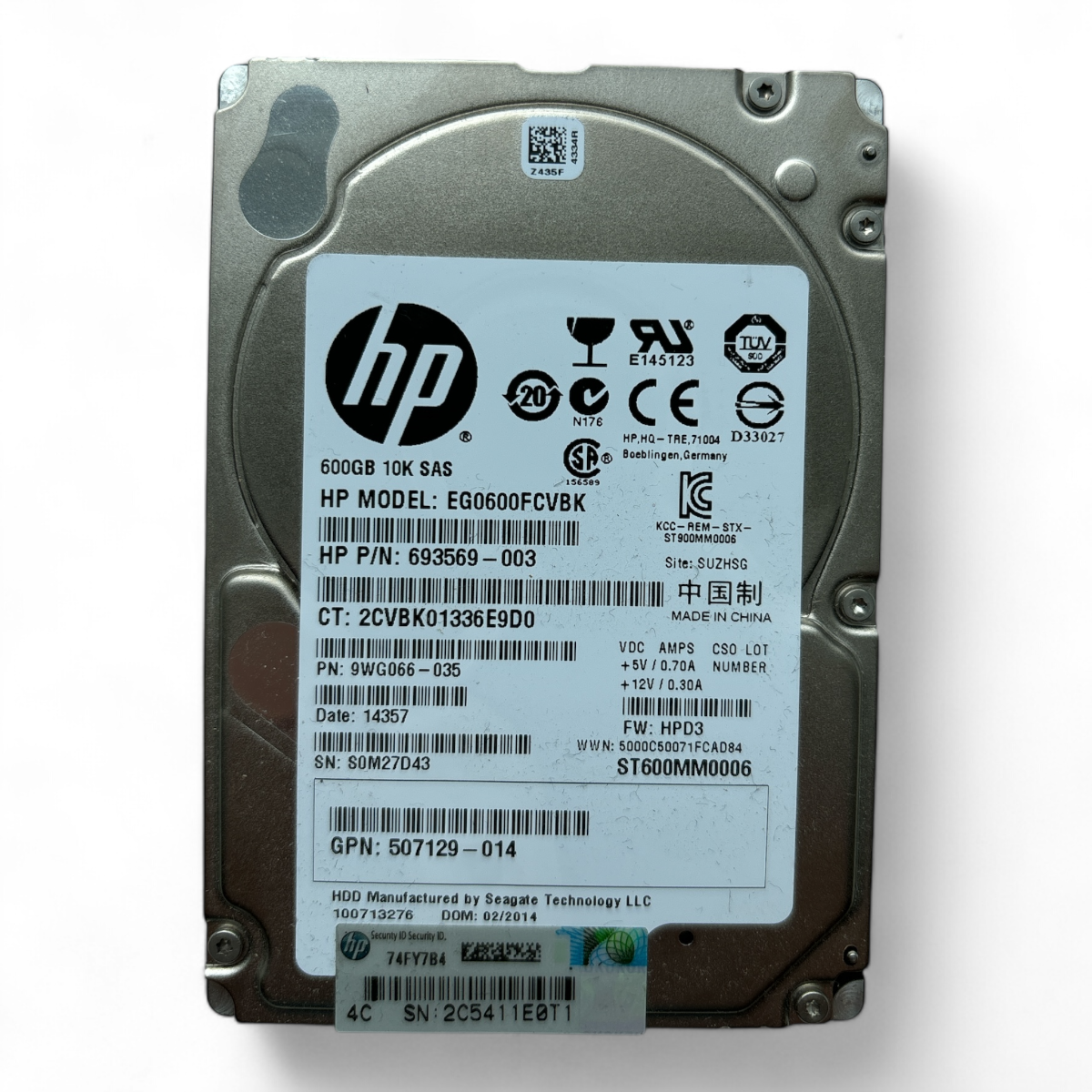 600GB 10K SAS 2.5" HDD 6G HPE EG0600FCVBK P/N: 6935969-003 9WG066-035 507129-014