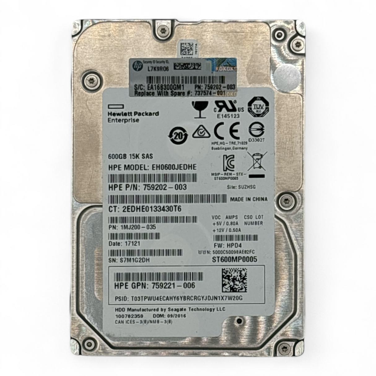 600GB HDD 2.5" SAS 12G 15K HPE P/N: 759202-003 EH0600JEDHE, 759221-006