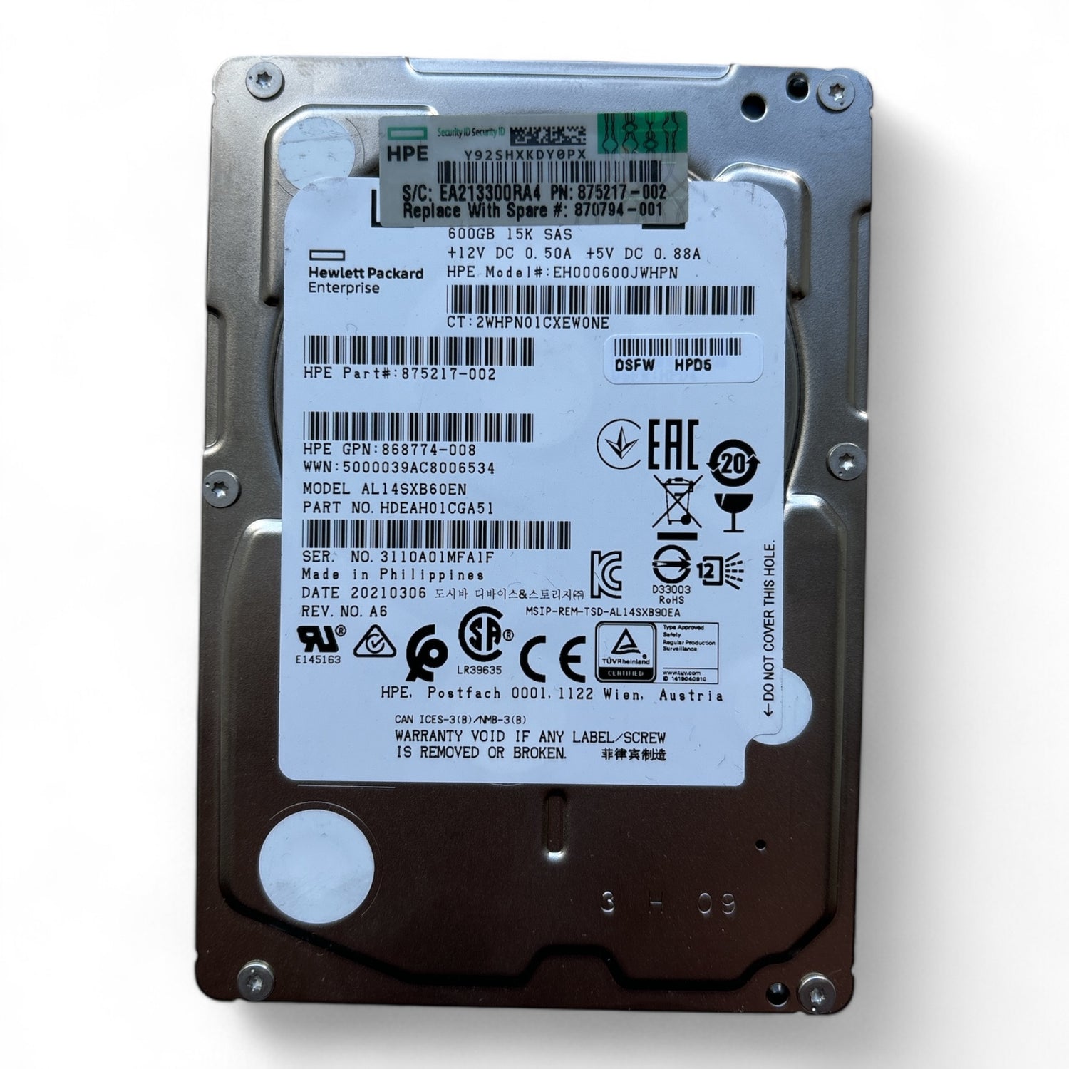 600GB, SAS, 12Gb/s, Toshiba P/N: AL14SXB60EN, HP P/N: 875217-002